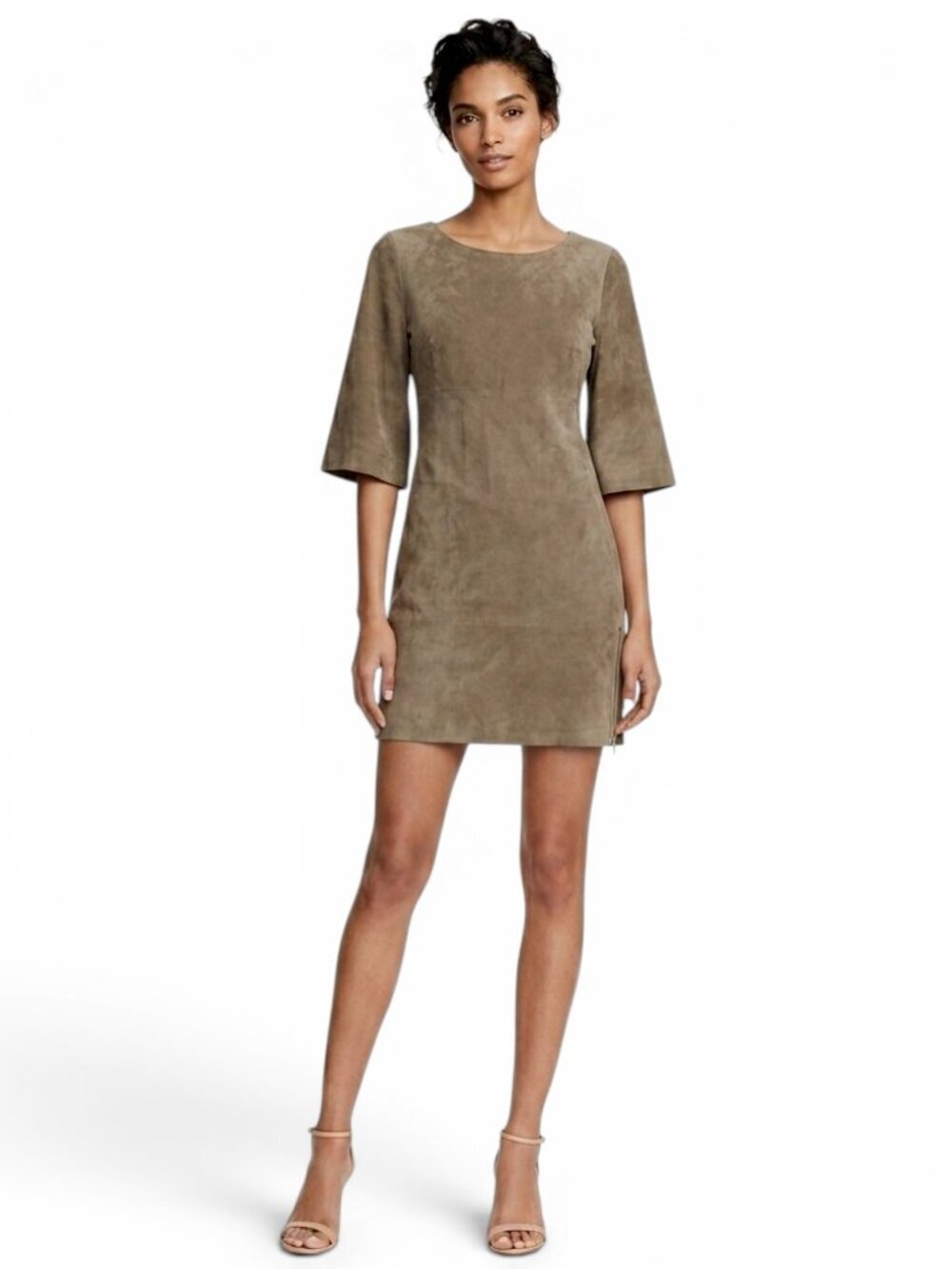 Eleventy Italian 100% Suede Leather Dress 3/4 Sleeve Zipper Trim Mini Size 42